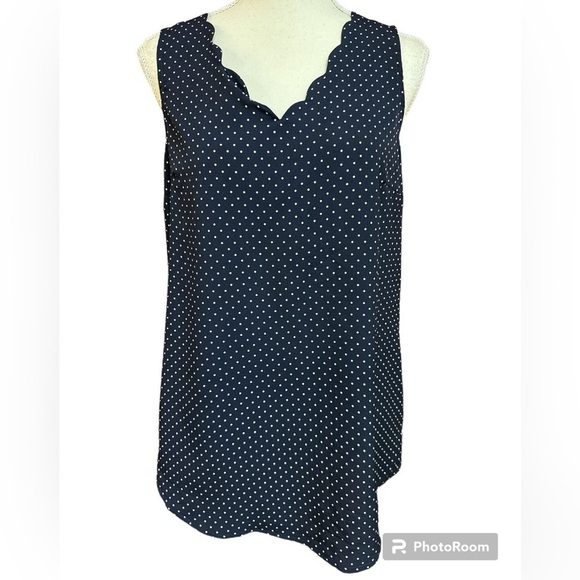 Skies are Blue Maternity Mixed Media Scalloped Neck Navy PolkaDot Top NWT XS - Picture 1 of 8